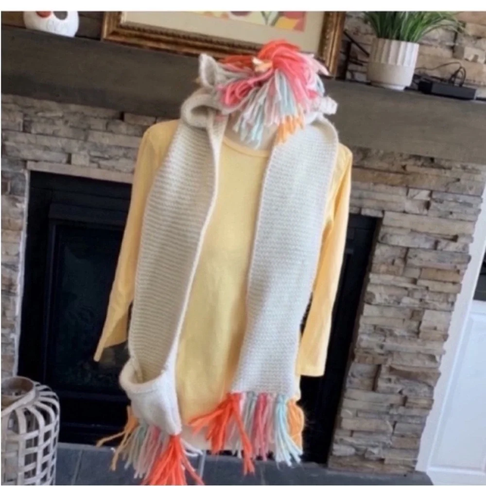 Knit Rainbow Unicorn Hat Scarf Mitten Combo